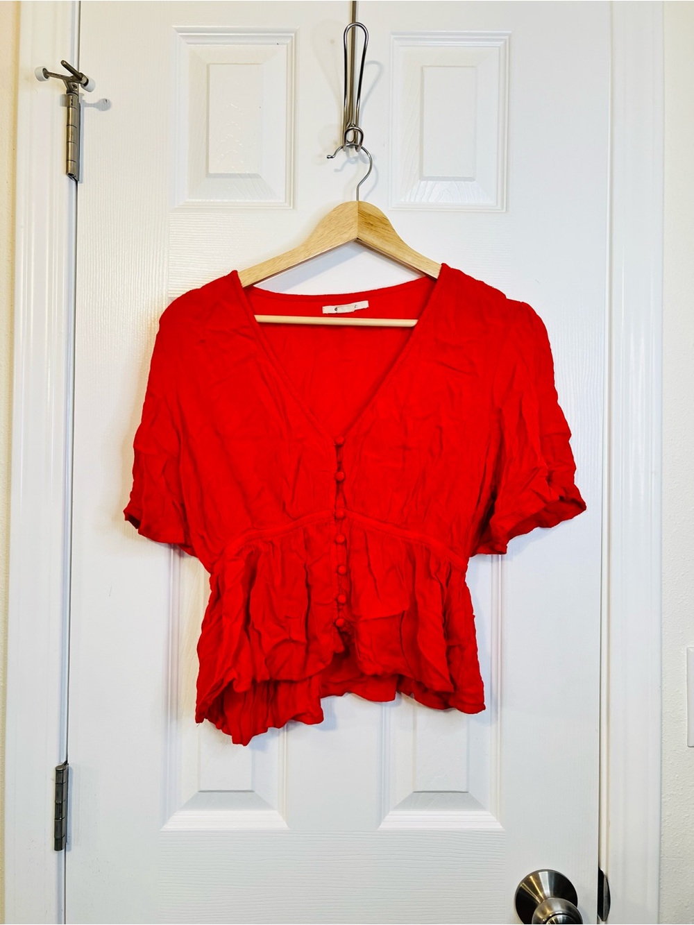 O'Neill Bright Red V-Neck Button Front Peplum Blouse